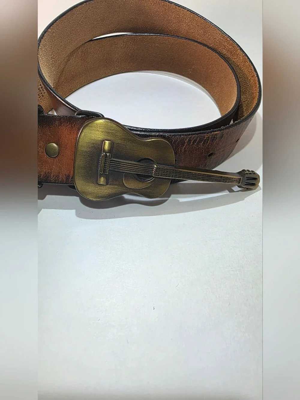 Vintage Old Navy Brown Leather Belt W/ Guitar Belt Buckle Western